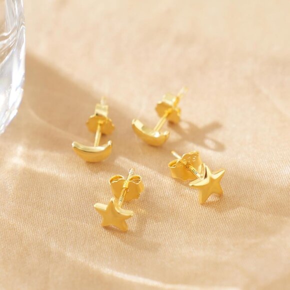 Solid Real 925 Sterling Silver Satr Moon Stud Earrings | Dainty Celestial Stud E - Picture 4 of 6